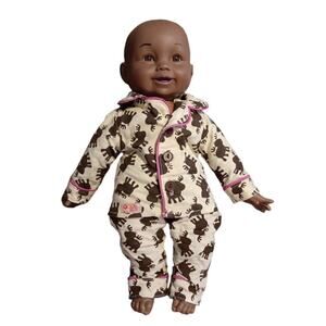 African American Black Baby Girl Doll 14" Soft Body Moose Pajamas Brown Pink